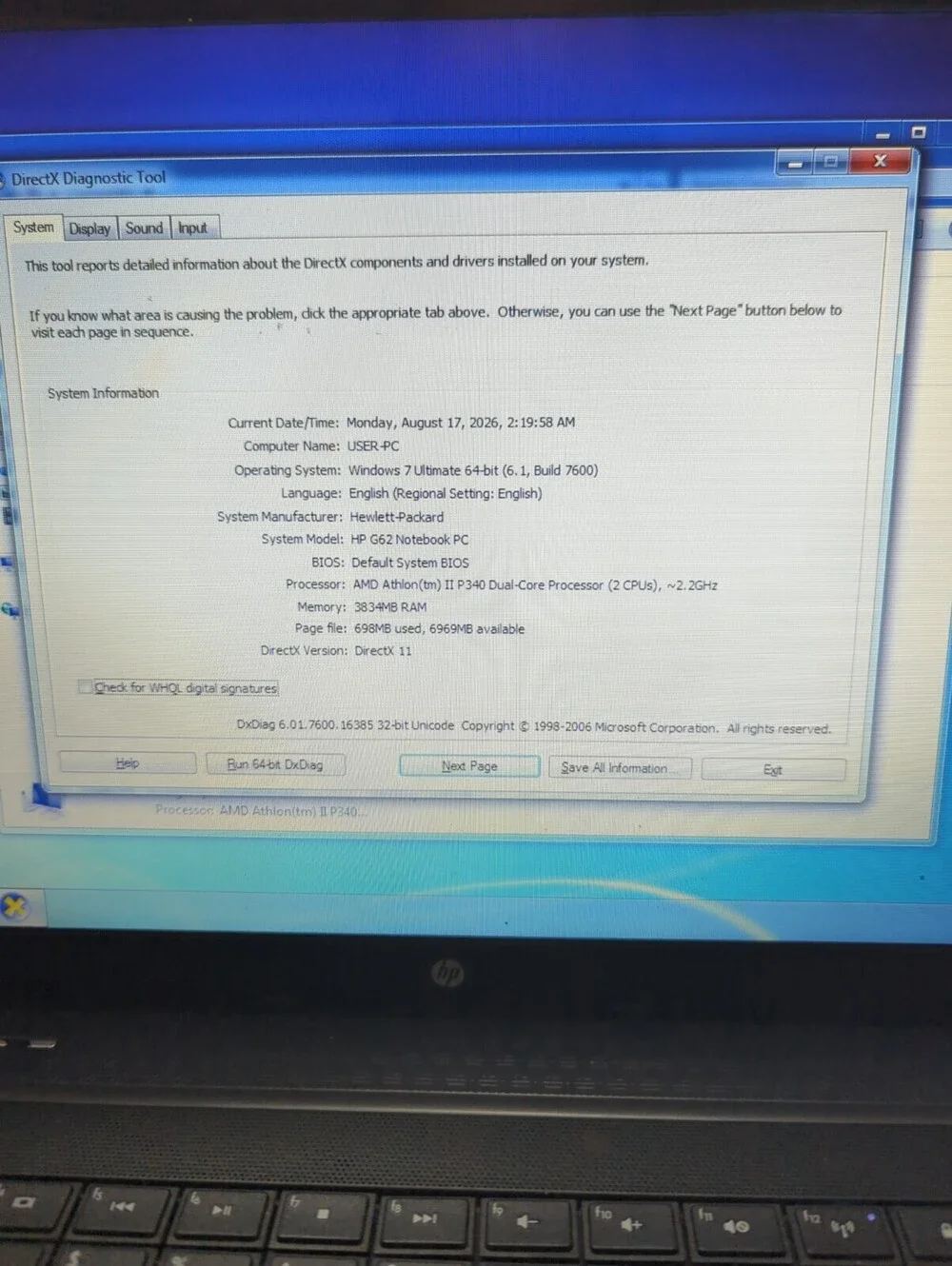 HP G62 Laptop Athlon P340, 4gb Ram, 40gb SSD, Win 7, DVD-RW, Wi-Fi, Webcam